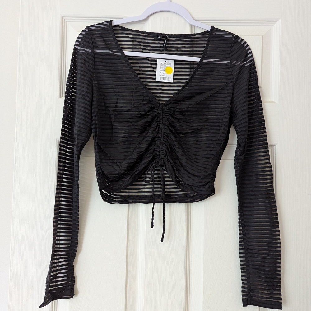 NWT Elegant Black Striped Mesh Crop Top